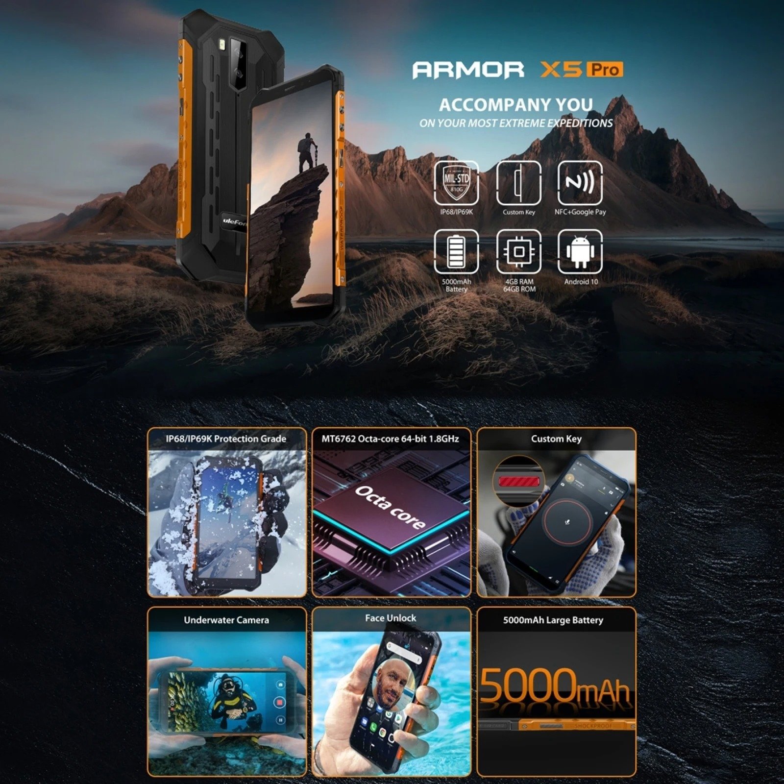 Ulefone Armor X5 Pro mobile phones 3g&4g smartphone 5.5" smart phone 5g smartphone 4GB+64GB Octa Core 13MP 5000mAh Rugged Phone